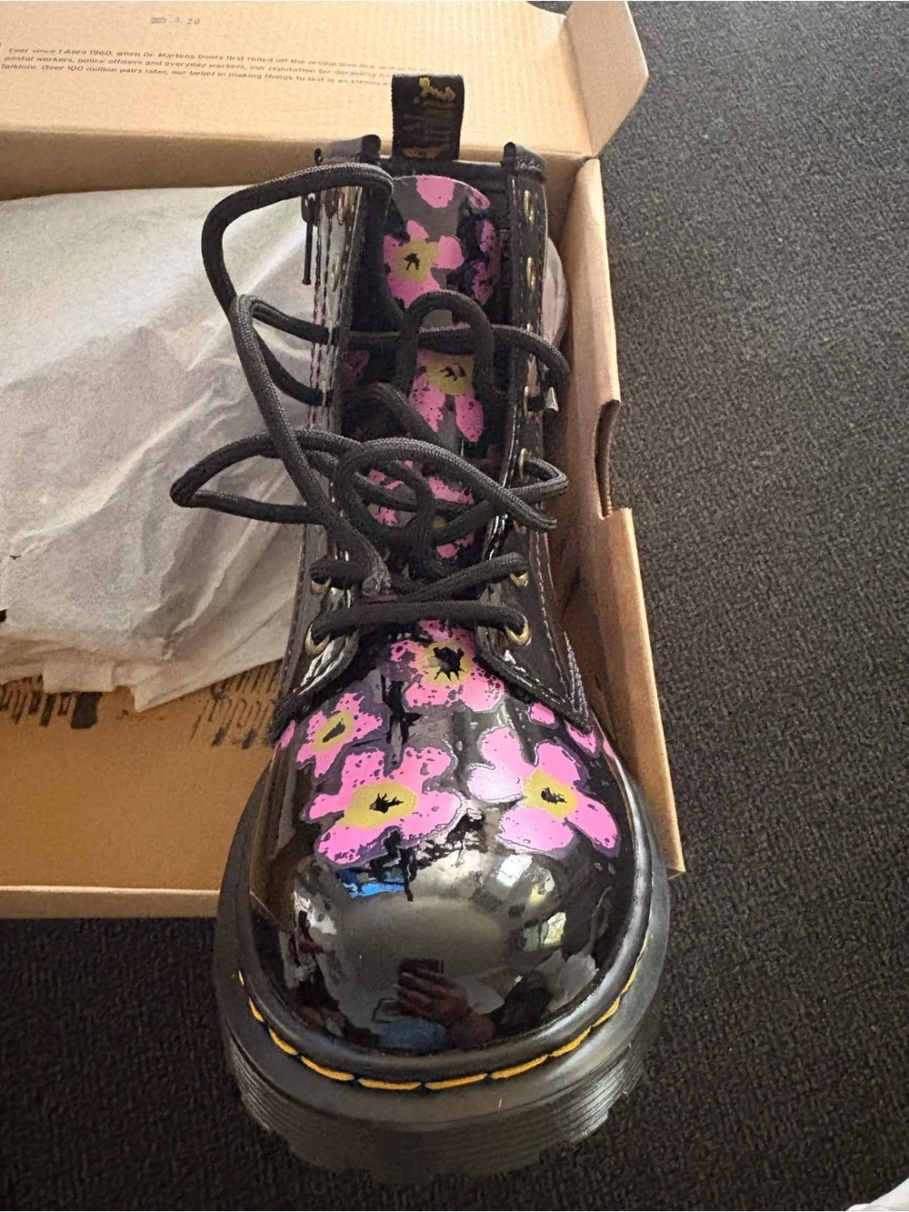 Dr. Martens Black Patent Floral Combat Boots with Pink Flowers